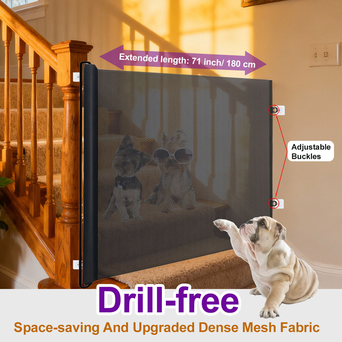 Retractable Pet Safety Gate, Drill-Free Adjustable